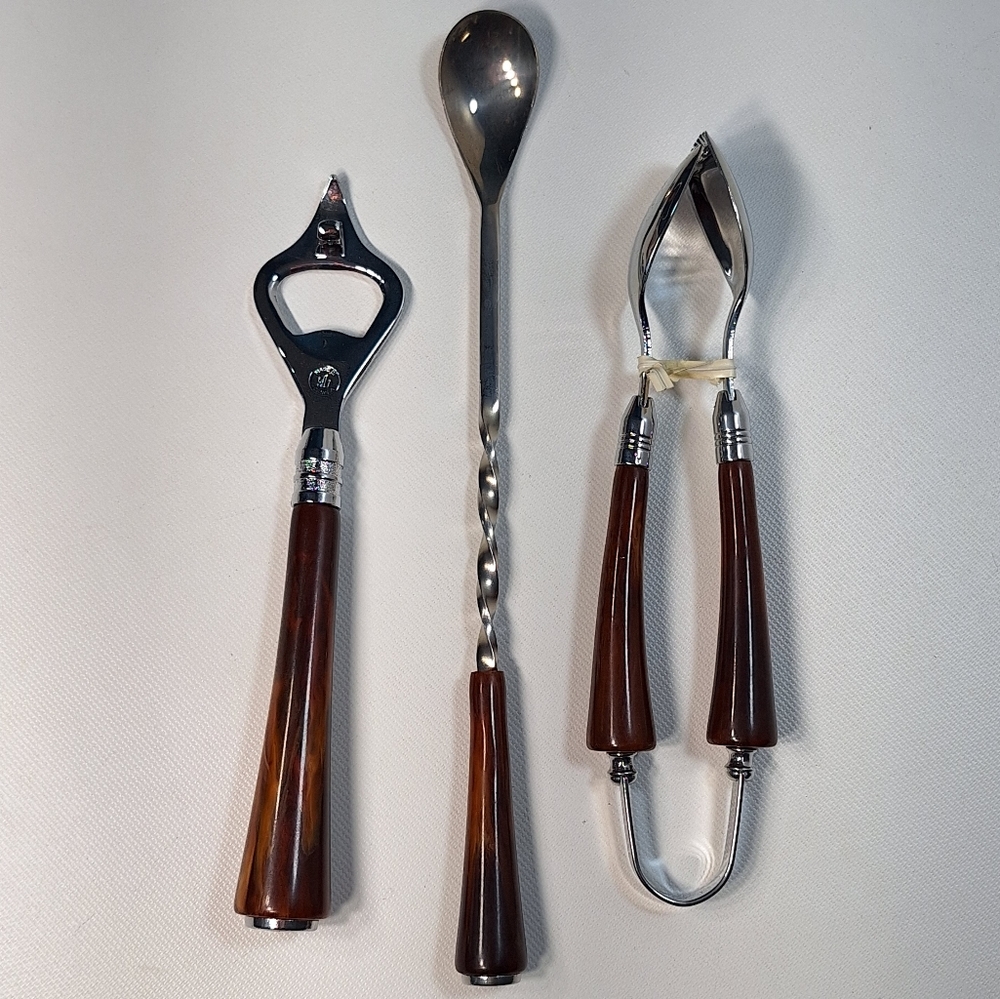 Glo Hill Vintage Made In Canada Bakelite Faux Walnut 3 Pc. Bar Set